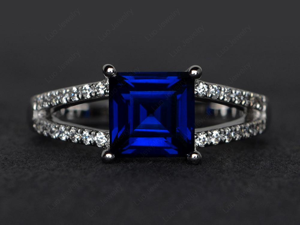 Square Cut Lab Sapphire Split Shank Wedding Ring - LUO Jewelry
