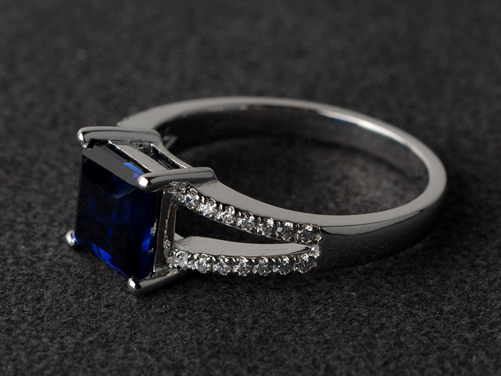 Square Cut Lab Sapphire Split Shank Wedding Ring - LUO Jewelry