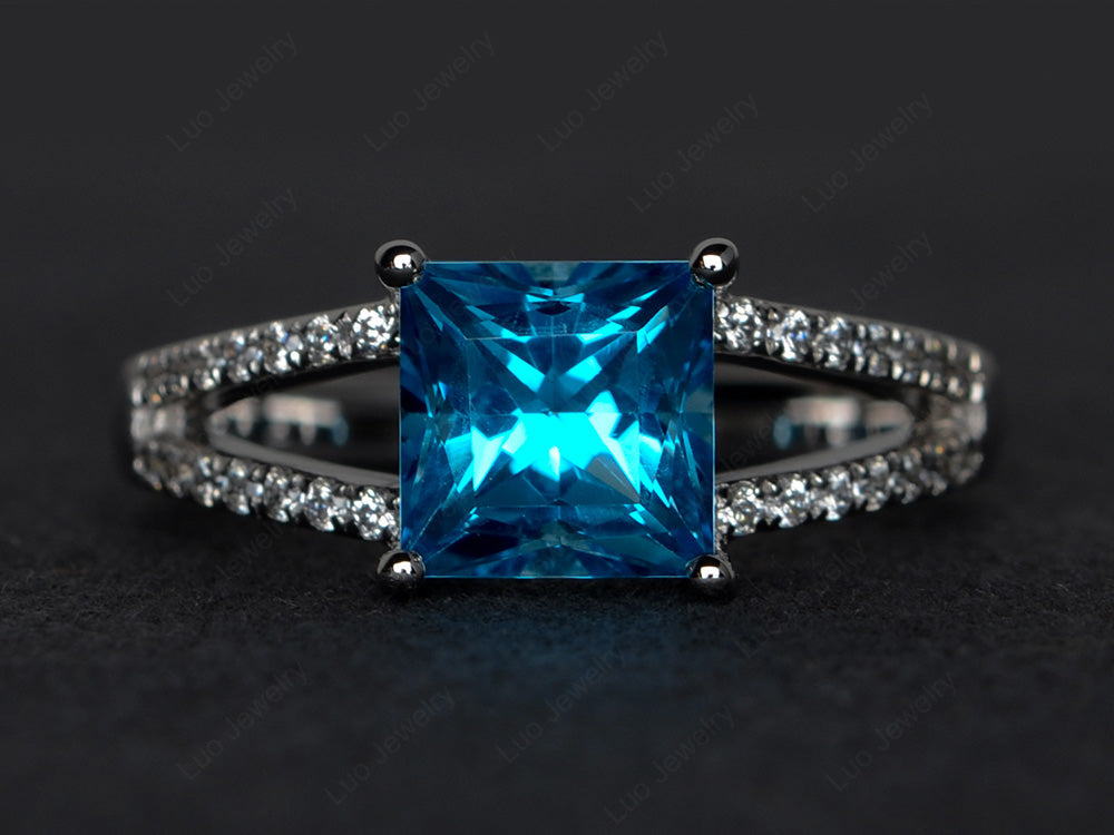 Princess Cut Swiss Blue Topaz Split Shank Wedding Ring - LUO Jewelry
