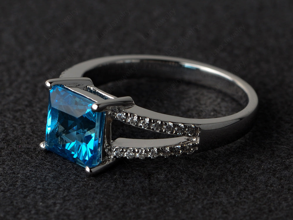 Princess Cut Swiss Blue Topaz Split Shank Wedding Ring - LUO Jewelry