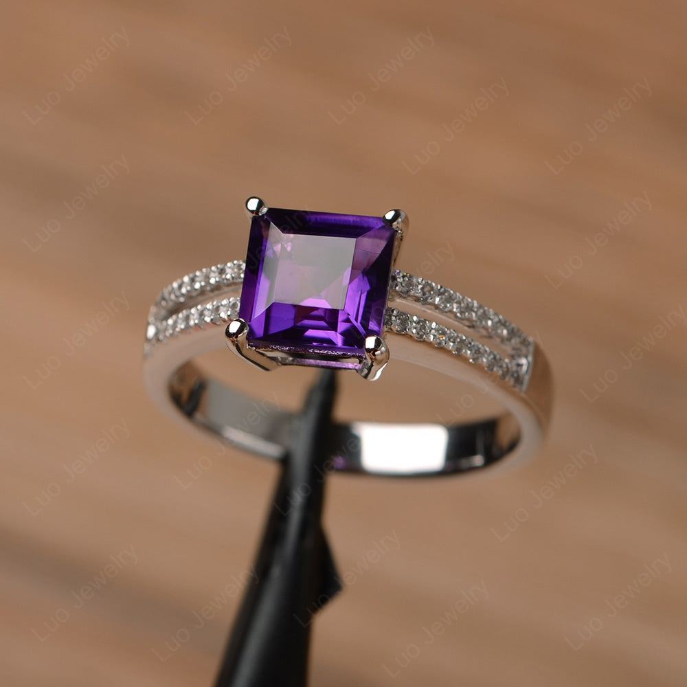 Double Band Square Cut Amethyst Ring Silver - LUO Jewelry