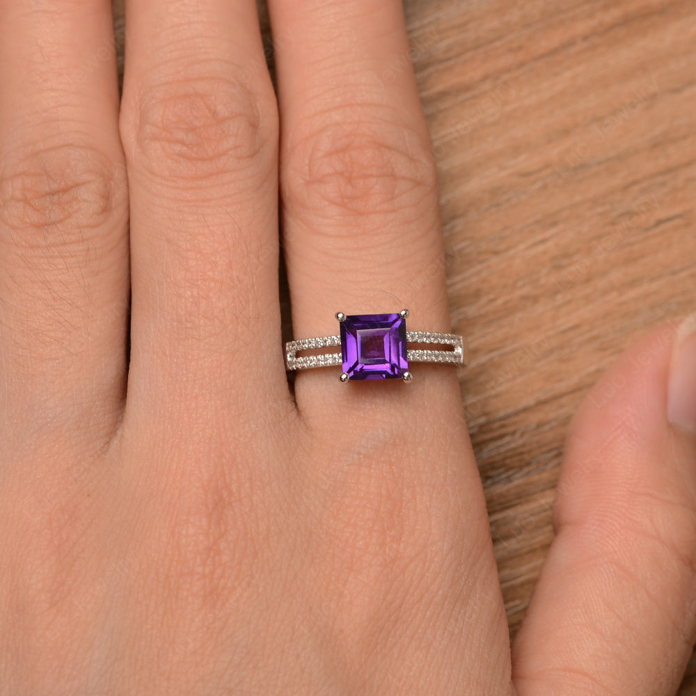 Double Band Square Cut Amethyst Ring Silver - LUO Jewelry