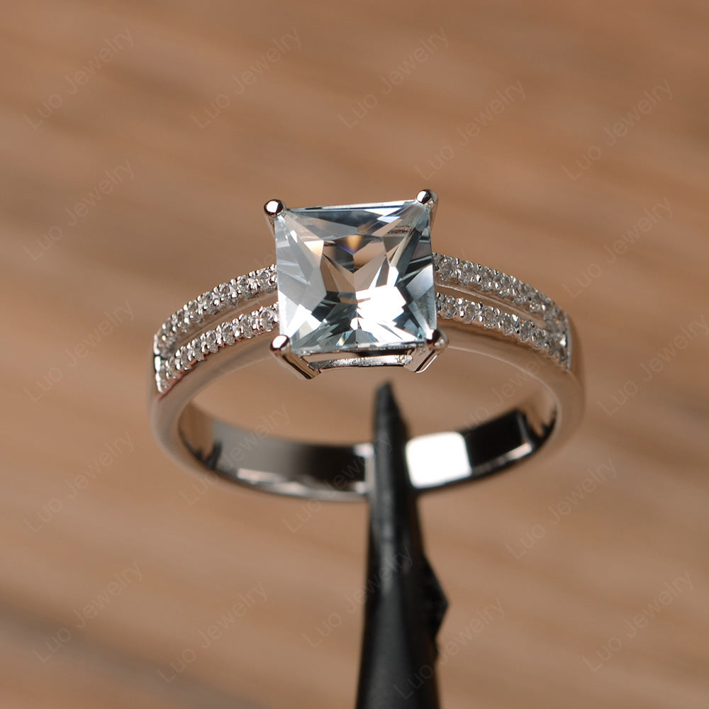 Double Band Princess Cut Aquamarine Ring Silver - LUO Jewelry