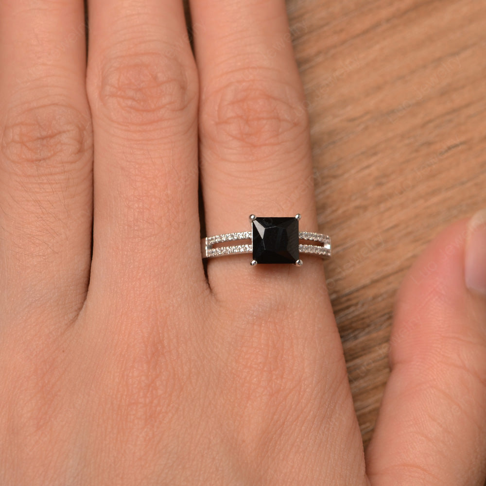 Double Band Princess Cut Black Stone Ring Silver - LUO Jewelry