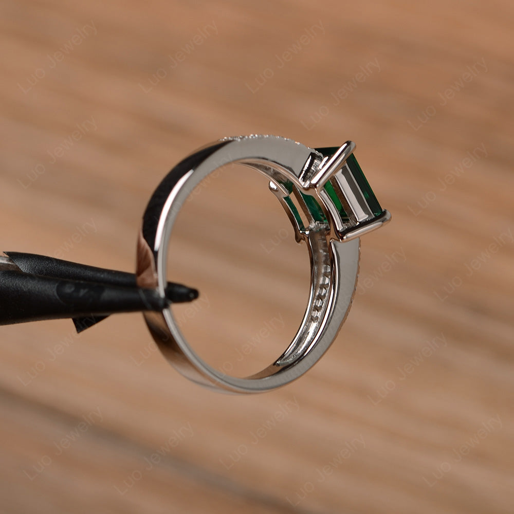 Double Band Square Cut Lab Emerald Ring Silver - LUO Jewelry