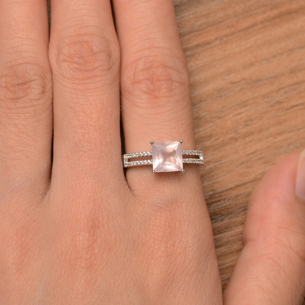 Double Band Princess Cut Rose Quartz Ring Silver - LUO Jewelry
