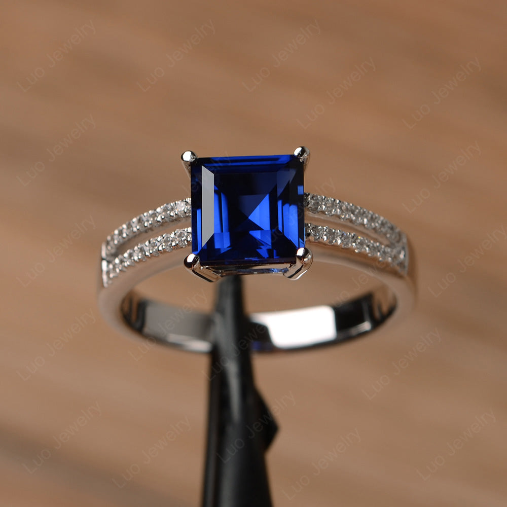 Double Band Square Cut Lab Sapphire Ring Silver - LUO Jewelry