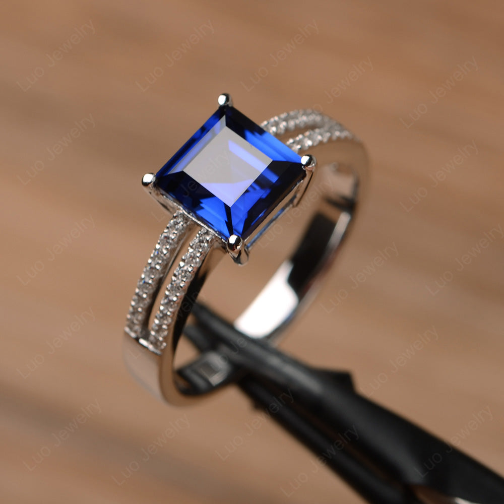 Double Band Square Cut Lab Sapphire Ring Silver - LUO Jewelry