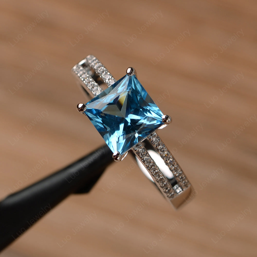 Double Band Princess Cut Swiss Blue Topaz Ring Silver - LUO Jewelry