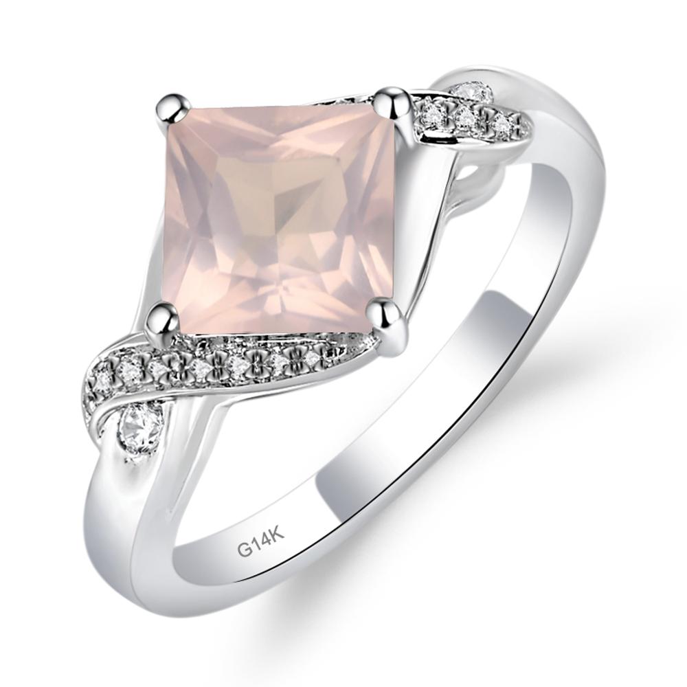 Rose Quartz Kite Set Princess Cut Ring - LUO Jewelry #metal_14k white gold