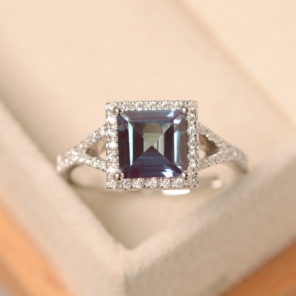 Square Cut Alexandrite Ring Split Shank Halo Ring - LUO Jewelry