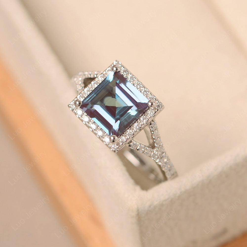 Square Cut Alexandrite Ring Split Shank Halo Ring - LUO Jewelry