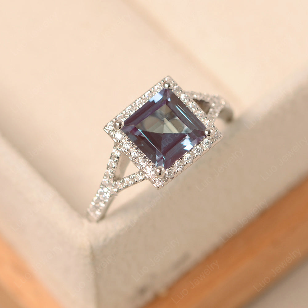 Square Cut Alexandrite Ring Split Shank Halo Ring - LUO Jewelry