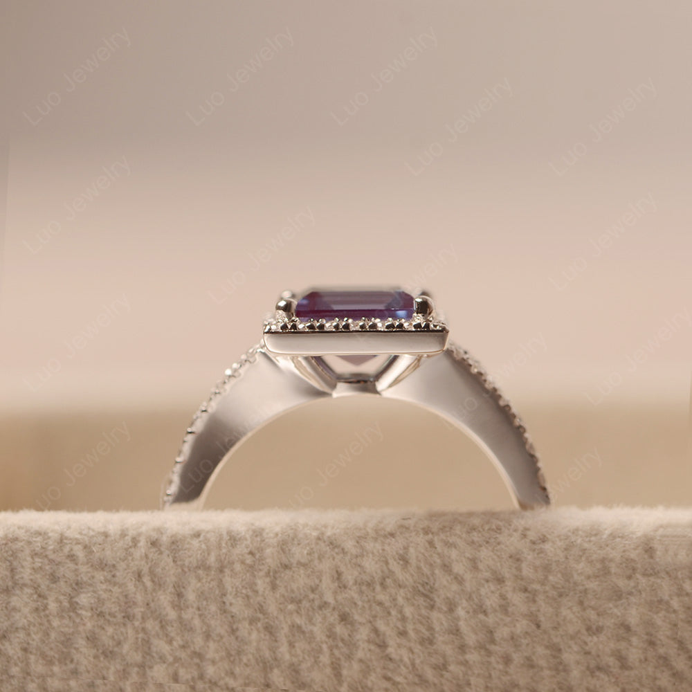 Square Cut Alexandrite Ring Split Shank Halo Ring - LUO Jewelry