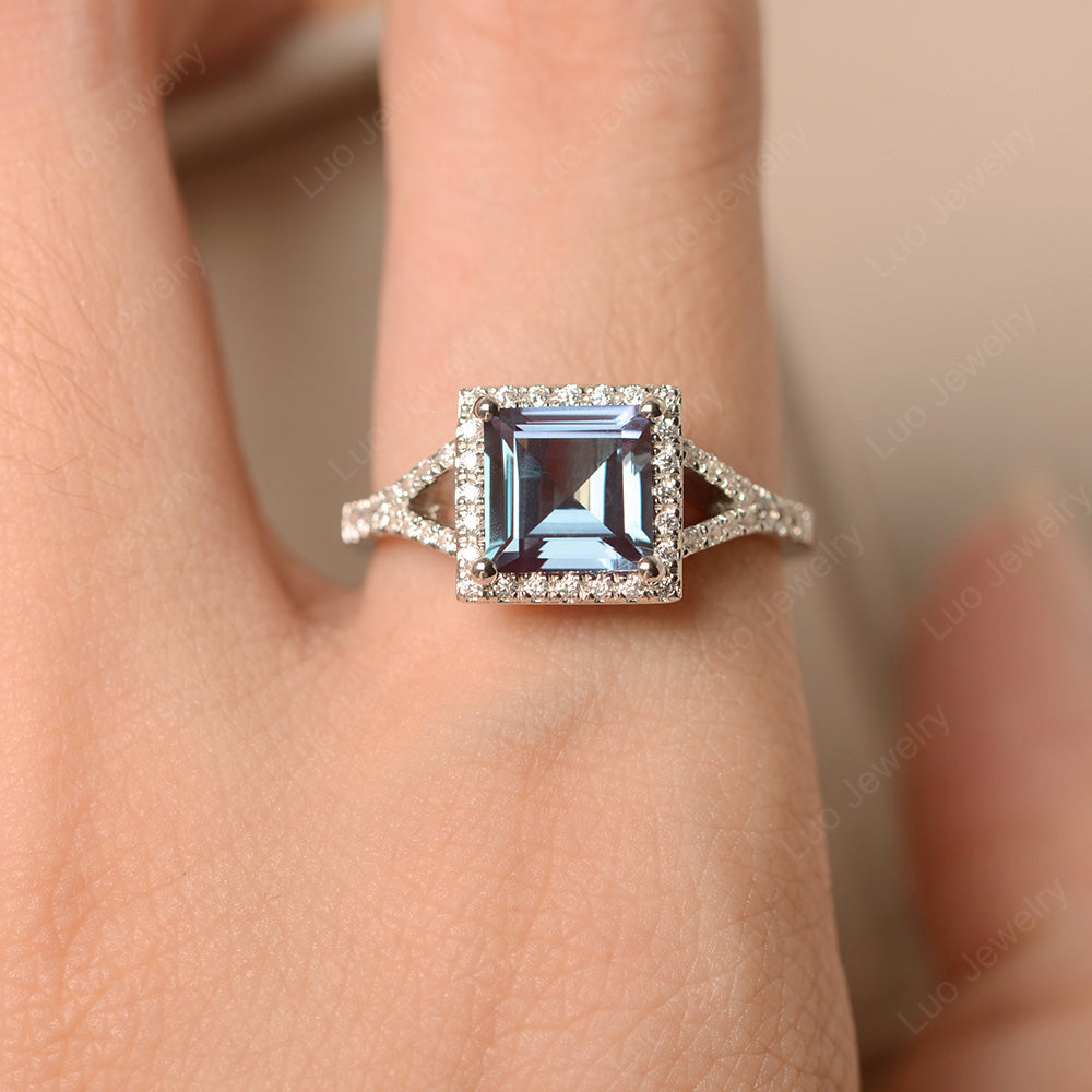 Square Cut Alexandrite Ring Split Shank Halo Ring - LUO Jewelry