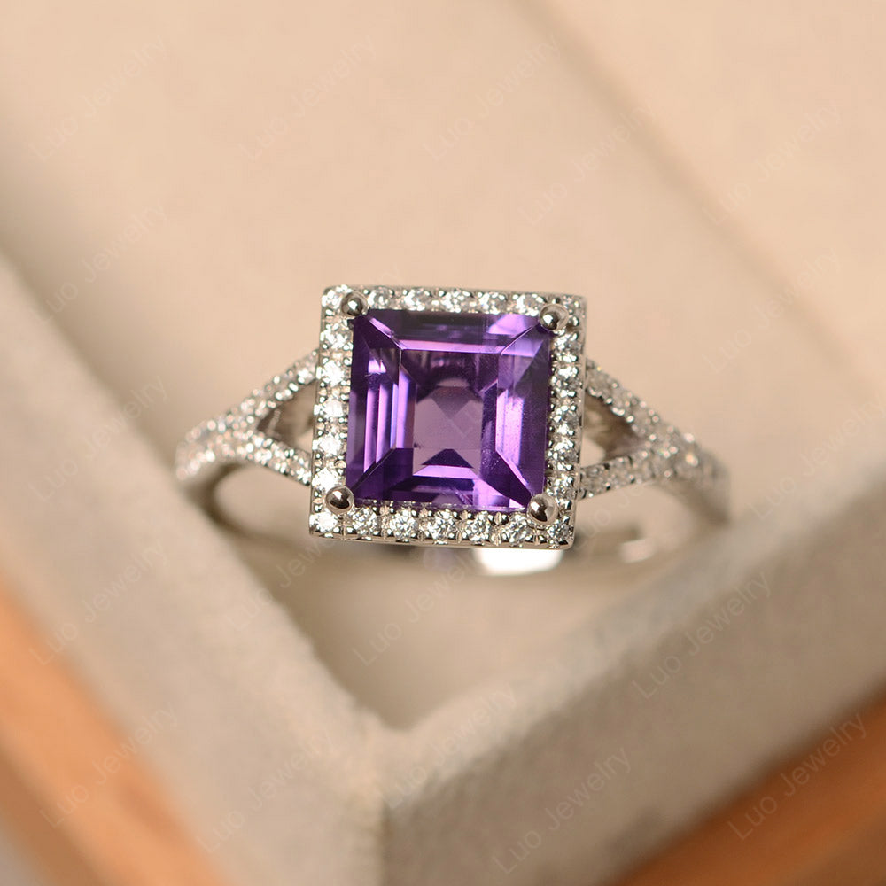 Square Cut Amethyst Ring Split Shank Halo Ring - LUO Jewelry