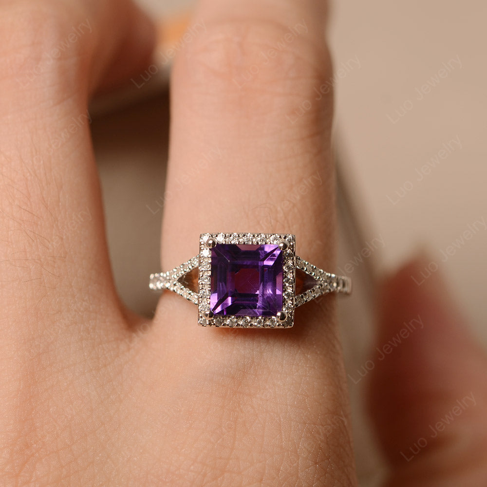 Square Cut Amethyst Ring Split Shank Halo Ring - LUO Jewelry