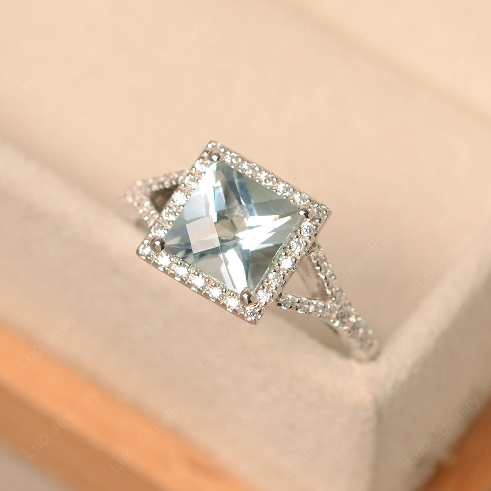 Princess Cut Aquamarine Ring Split Shank Halo Ring - LUO Jewelry