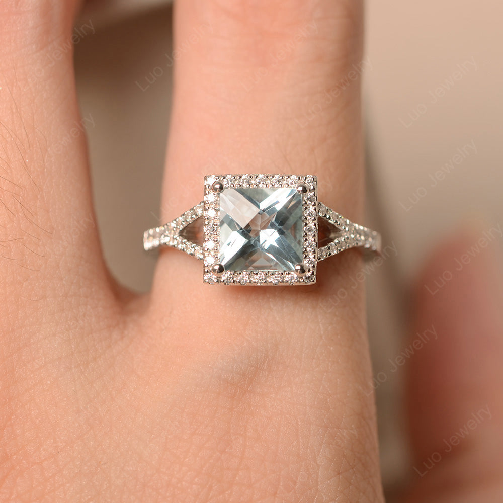 Princess Cut Aquamarine Ring Split Shank Halo Ring - LUO Jewelry
