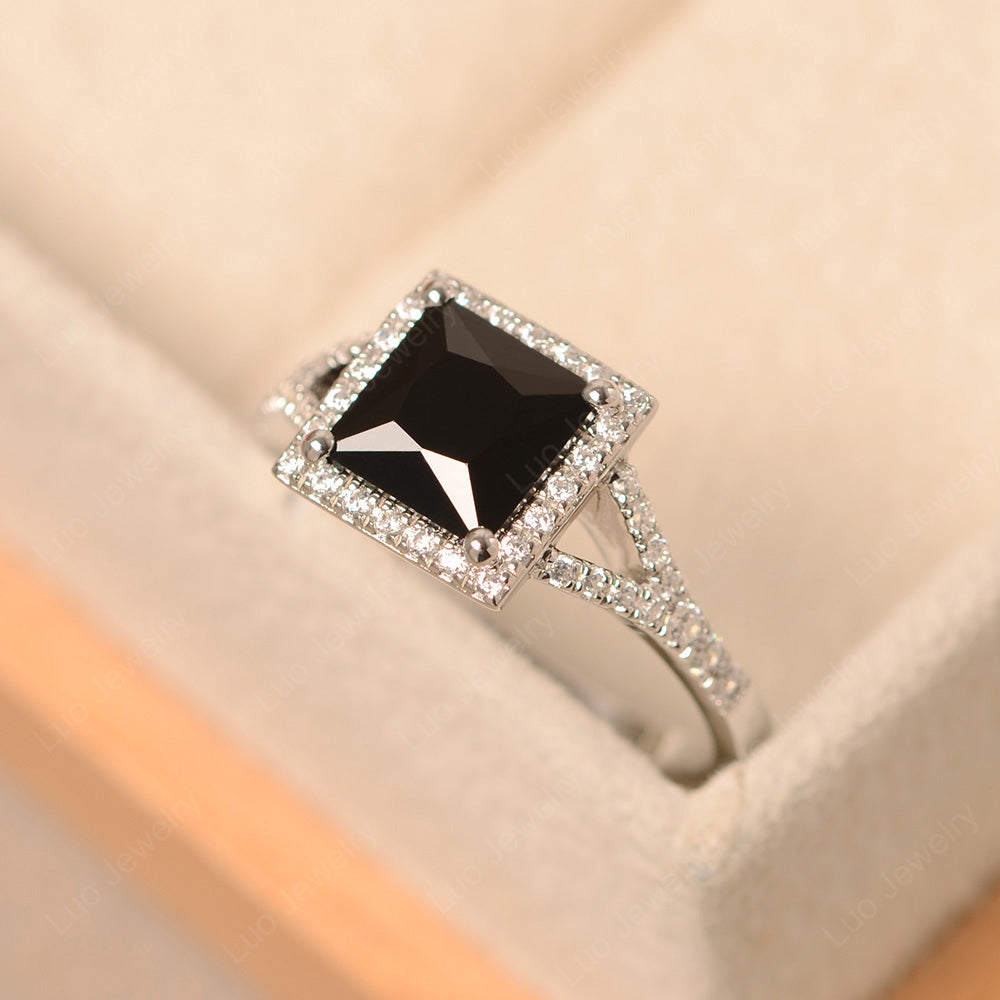 Princess Cut Black Spinel Ring Split Shank Halo Ring - LUO Jewelry