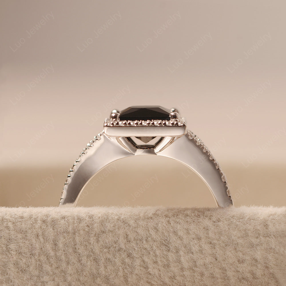 Princess Cut Black Spinel Ring Split Shank Halo Ring - LUO Jewelry