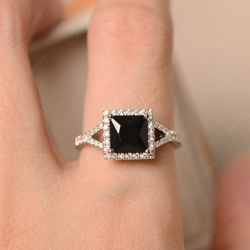 Princess Cut Black Spinel Ring Split Shank Halo Ring - LUO Jewelry