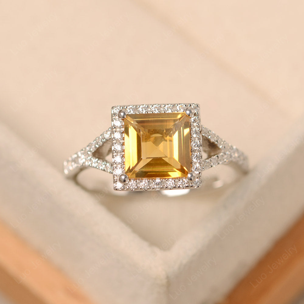 Square Cut Citrine Ring Split Shank Halo Ring - LUO Jewelry