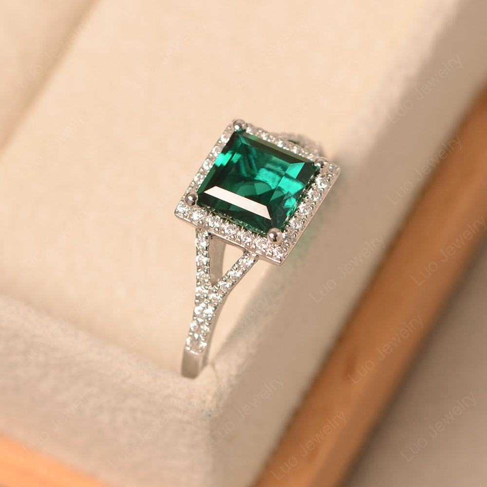 Square Cut Lab Emerald Ring Split Shank Halo Ring - LUO Jewelry