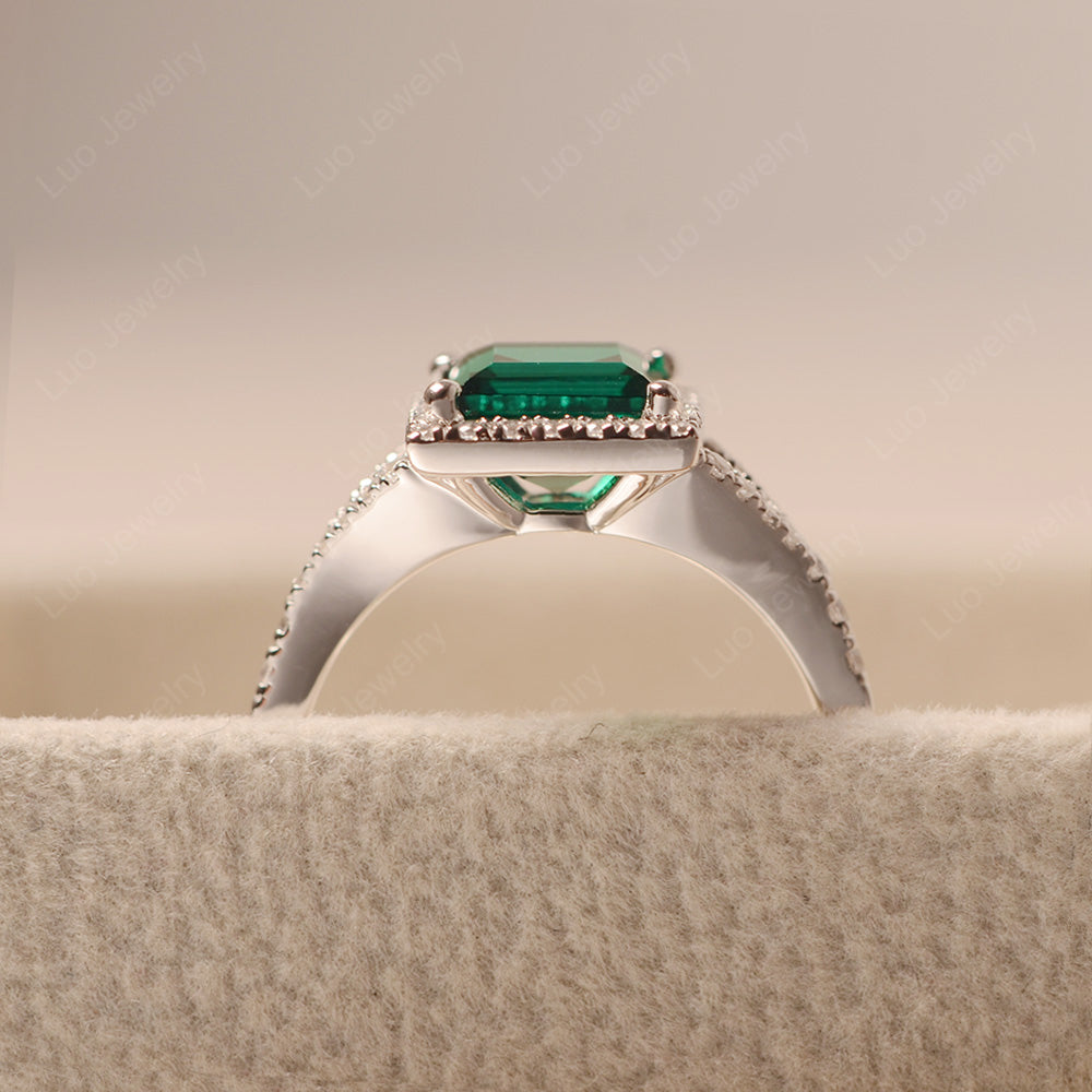 Square Cut Lab Emerald Ring Split Shank Halo Ring - LUO Jewelry