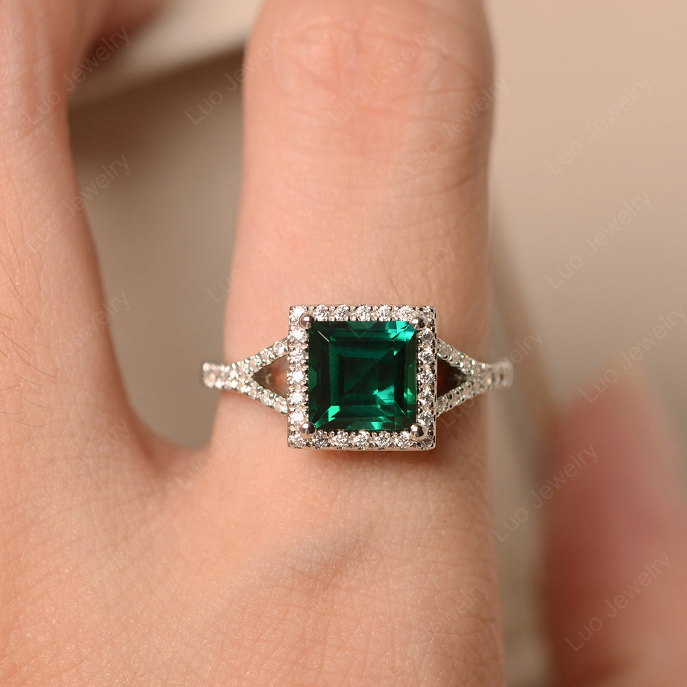 Square Cut Lab Emerald Ring Split Shank Halo Ring - LUO Jewelry