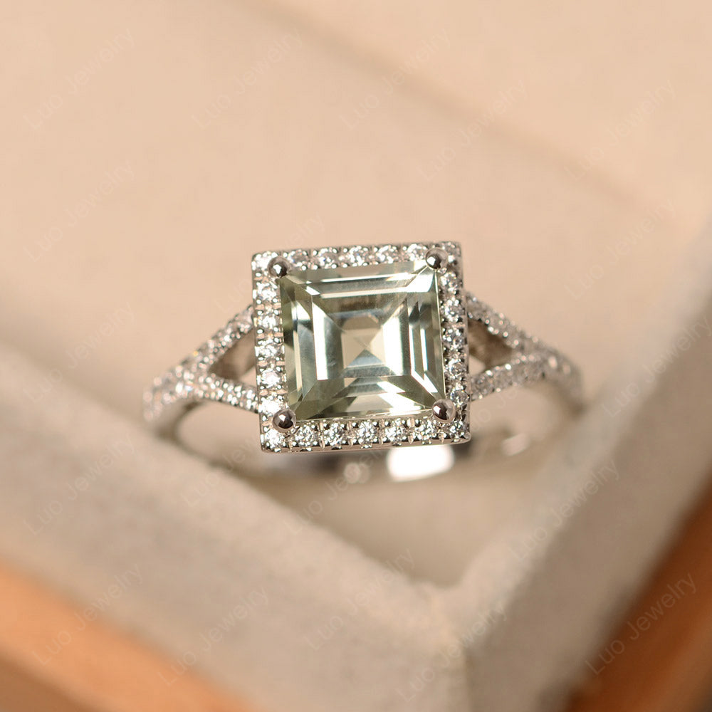 Square Cut Green Amethyst Ring Split Shank Halo Ring - LUO Jewelry