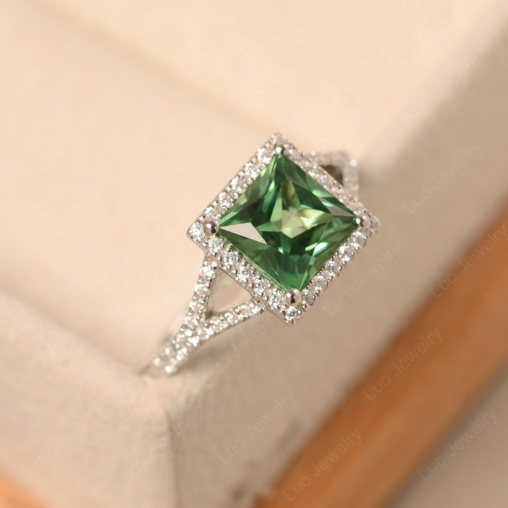 Princess Cut Green Sapphire Ring Split Shank Halo Ring - LUO Jewelry