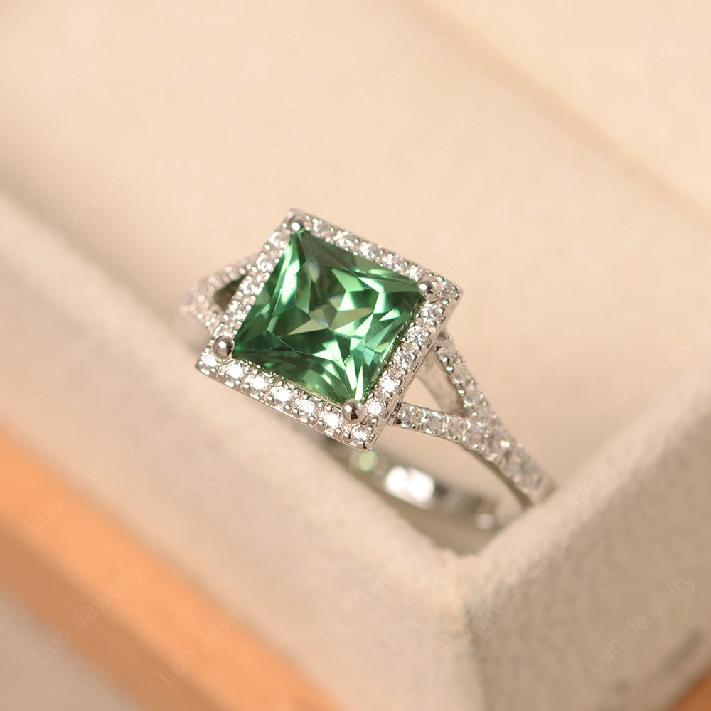 Princess Cut Green Sapphire Ring Split Shank Halo Ring - LUO Jewelry