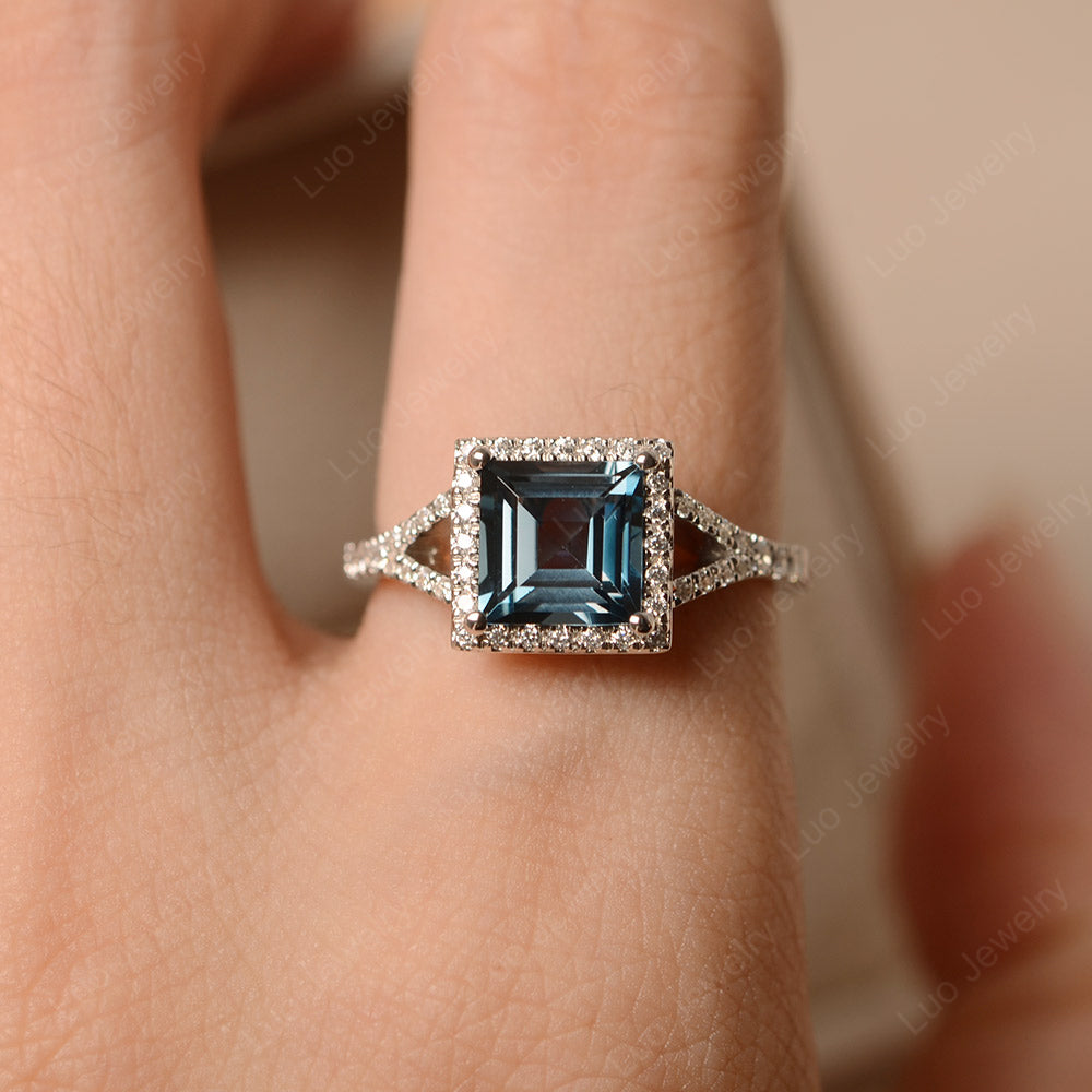 Princess Cut London Blue Topaz Ring Split Shank Halo Ring - LUO Jewelry