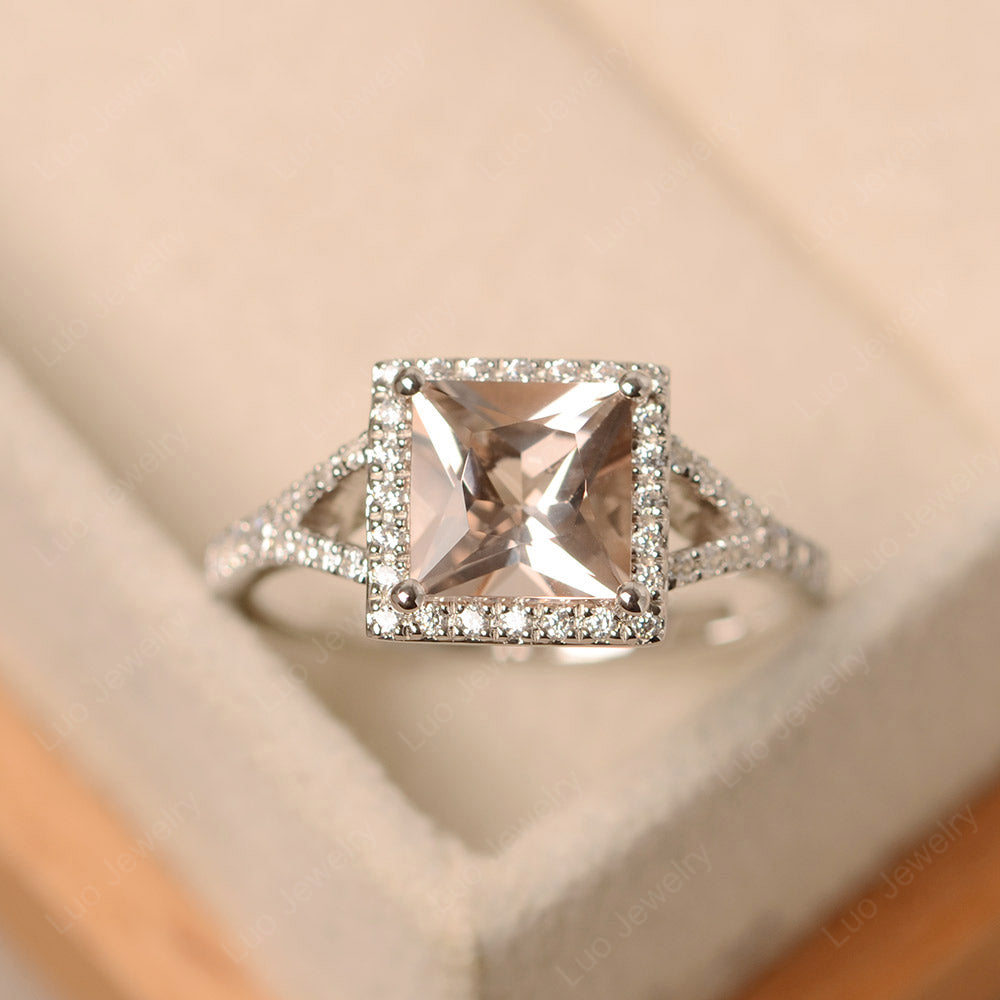 Princess Cut Morganite Ring Split Shank Halo Ring - LUO Jewelry
