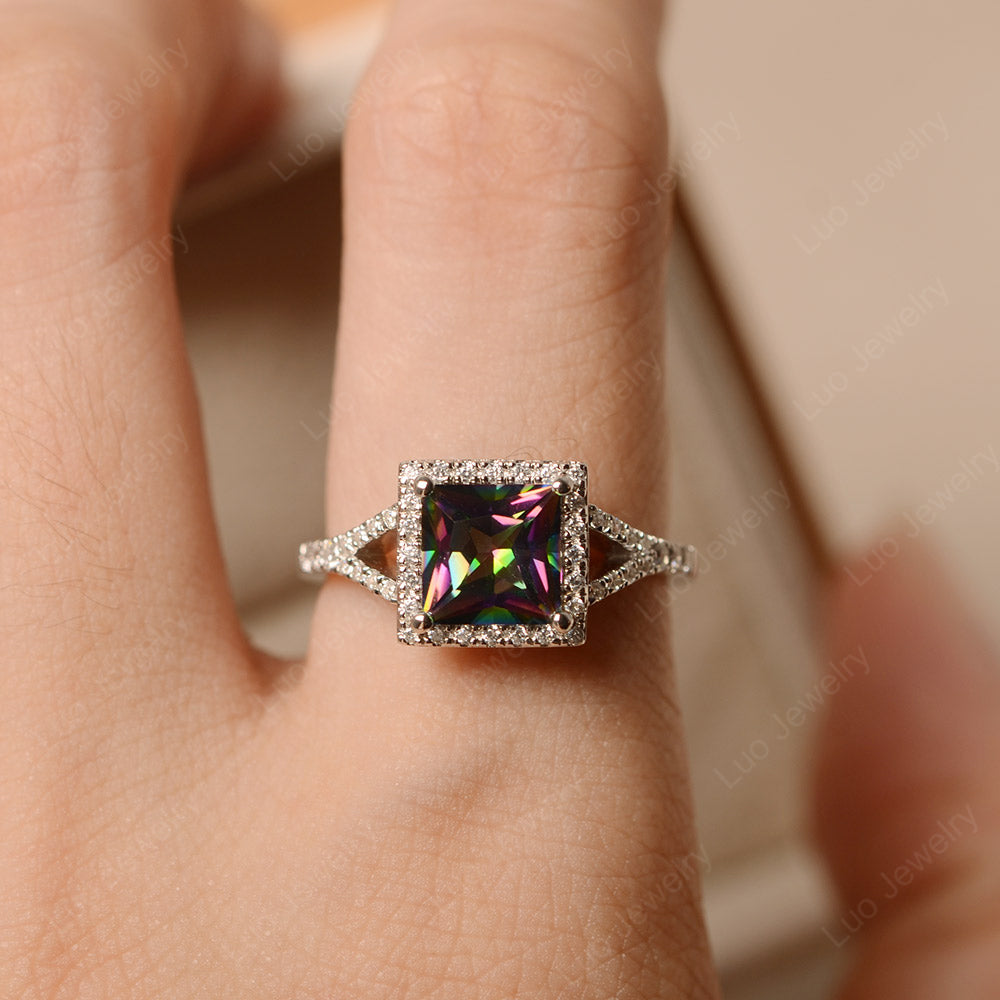 Princess Cut Mystic Topaz Ring Split Shank Halo Ring - LUO Jewelry