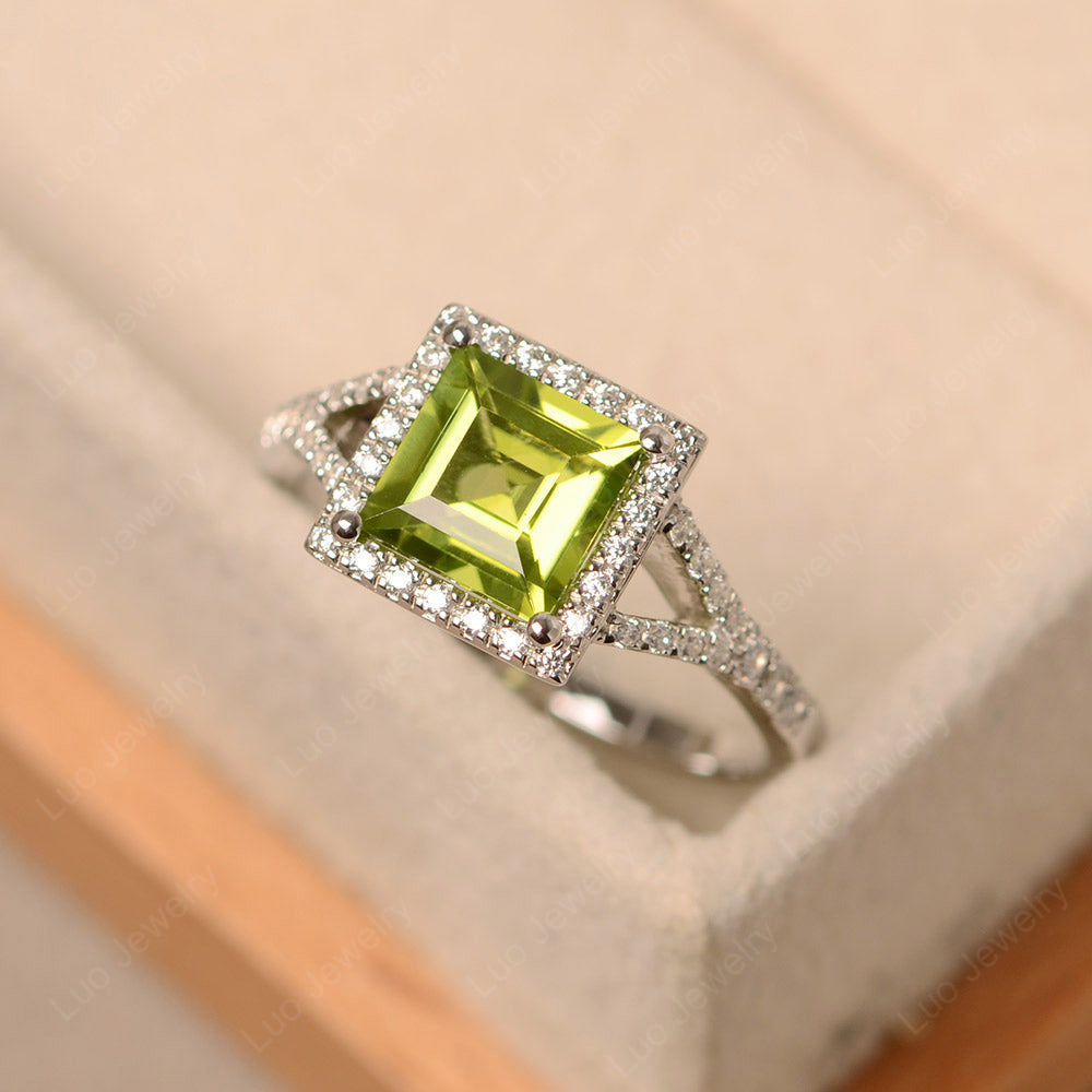 Square Cut Peridot Ring Split Shank Halo Ring - LUO Jewelry