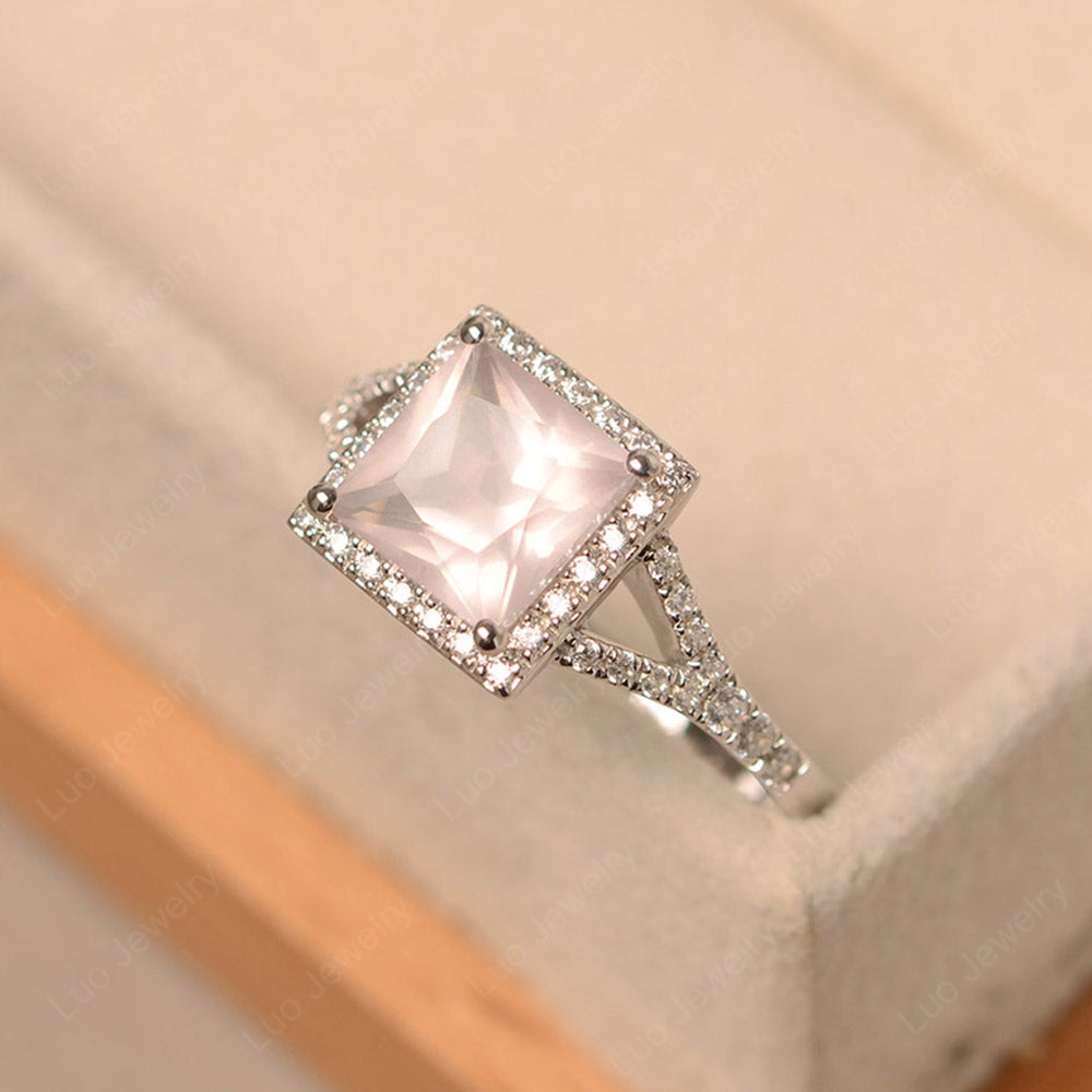 Princess Cut Rose Quartz Ring Split Shank Halo Ring - LUO Jewelry