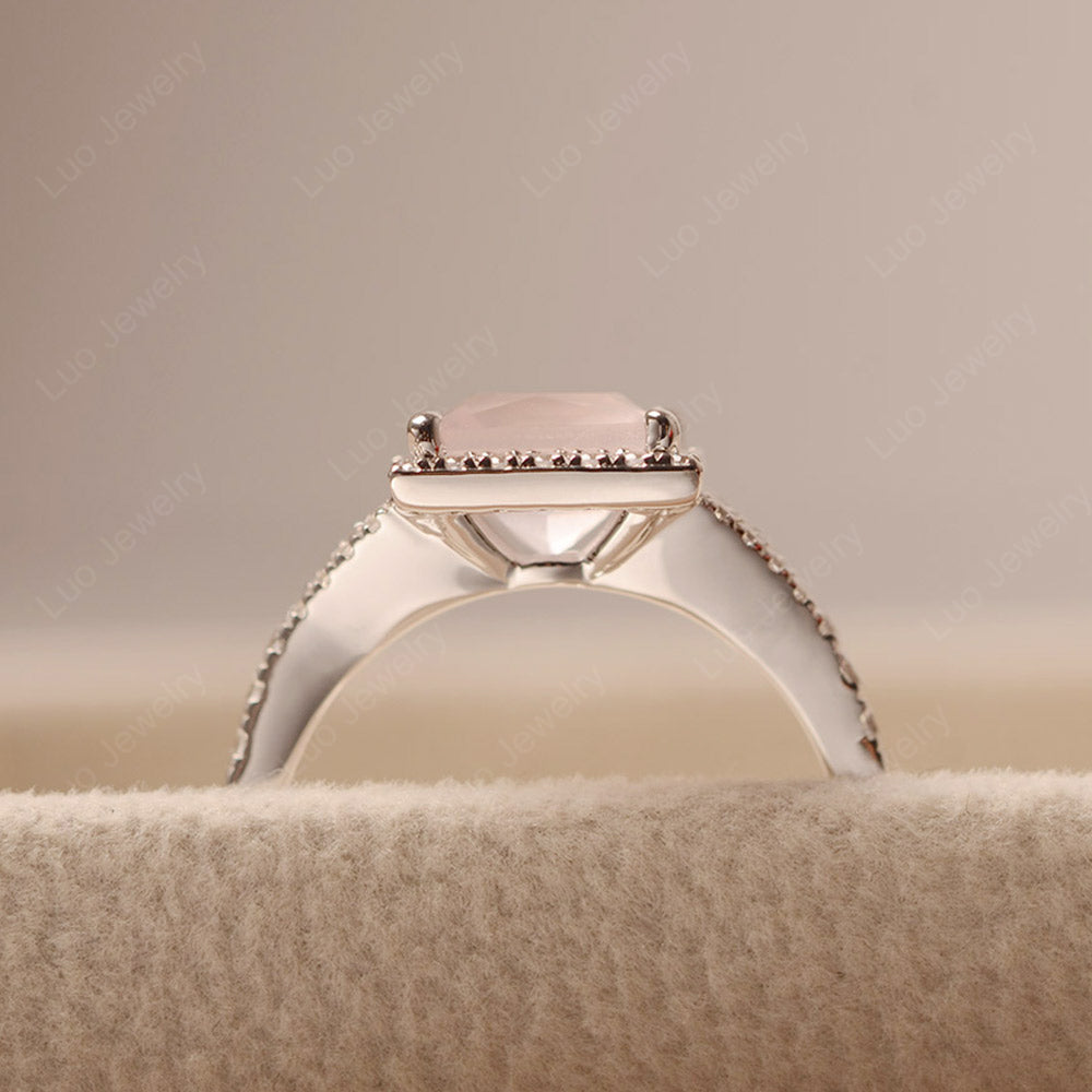 Princess Cut Rose Quartz Ring Split Shank Halo Ring - LUO Jewelry