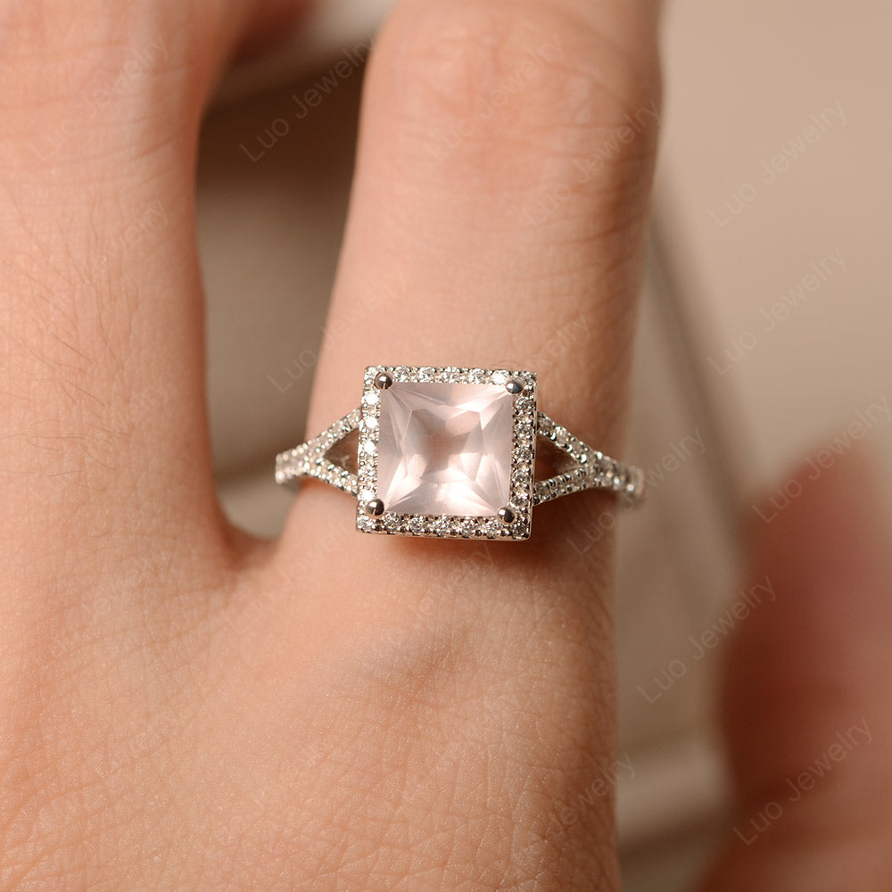 Princess Cut Rose Quartz Ring Split Shank Halo Ring - LUO Jewelry