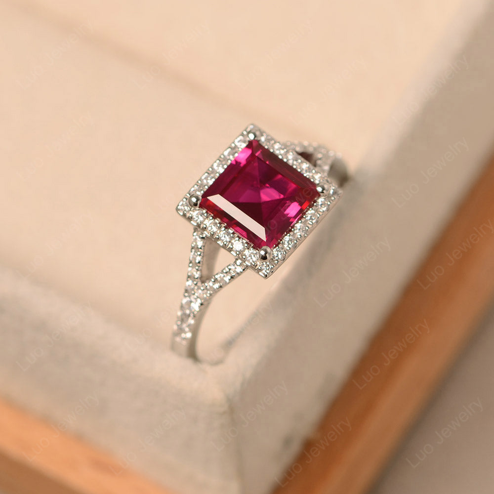 Square Cut Ruby Ring Split Shank Halo Ring - LUO Jewelry