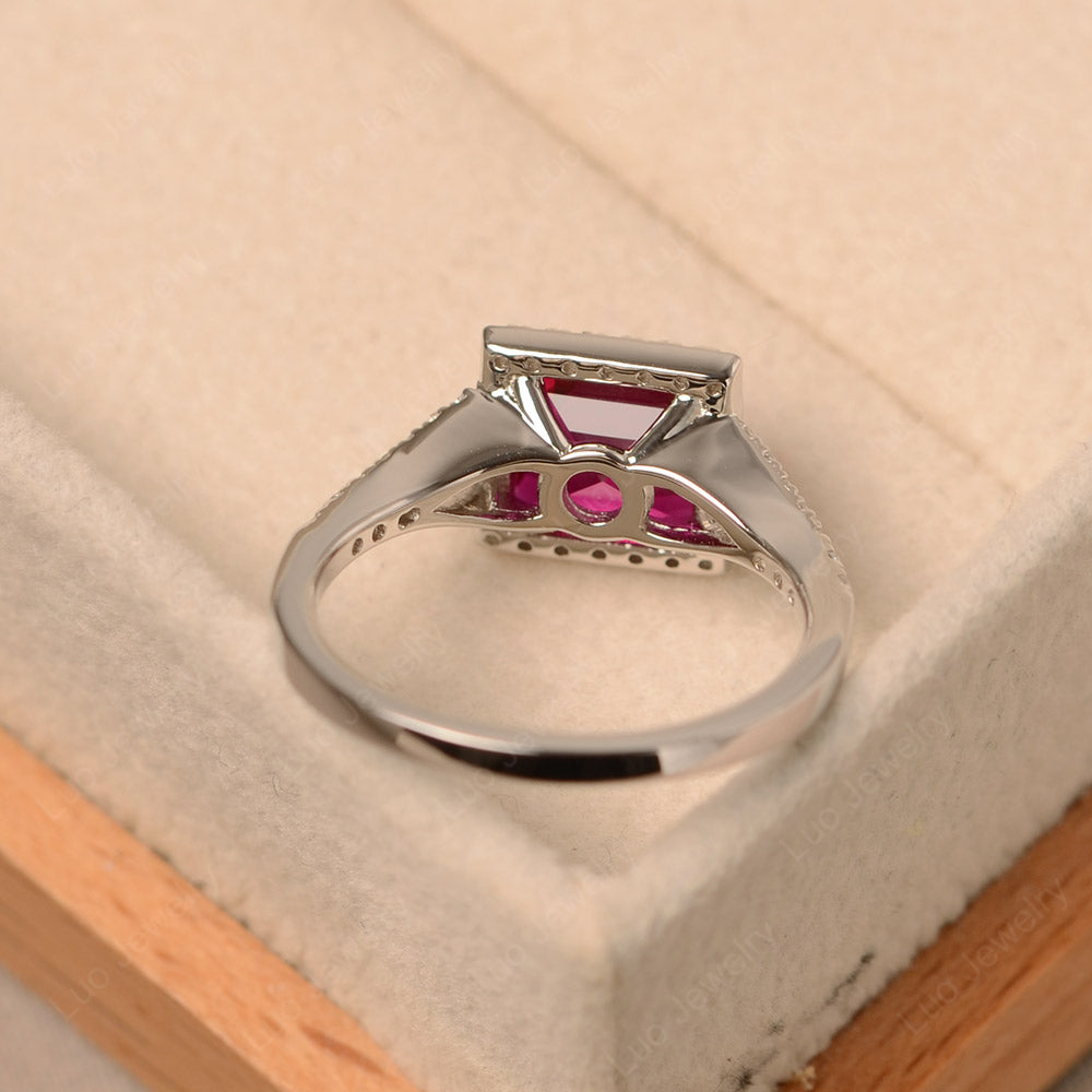 Square Cut Ruby Ring Split Shank Halo Ring - LUO Jewelry