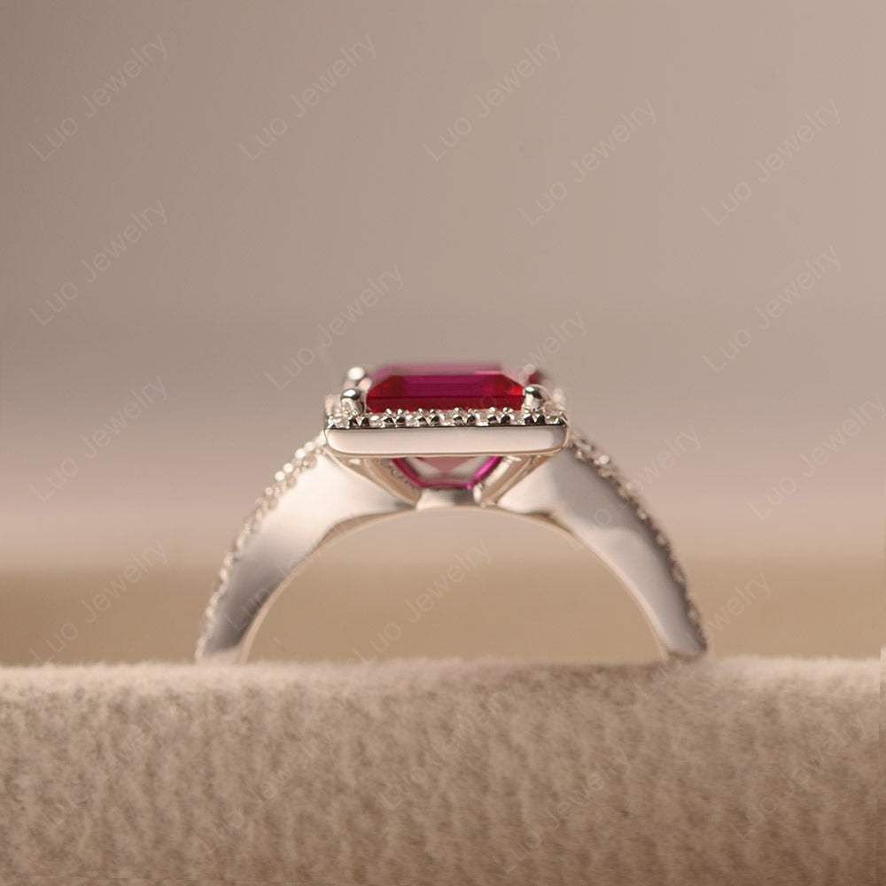 Square Cut Ruby Ring Split Shank Halo Ring - LUO Jewelry