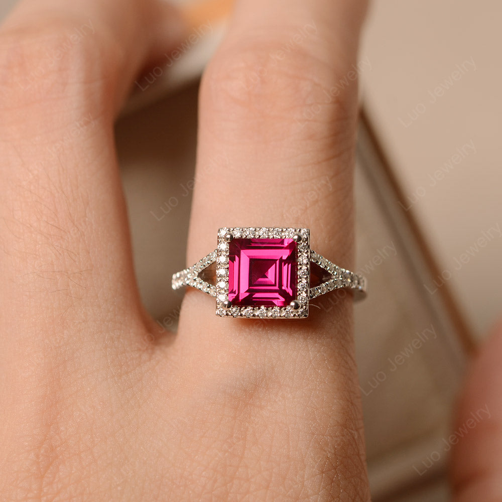 Square Cut Ruby Ring Split Shank Halo Ring - LUO Jewelry