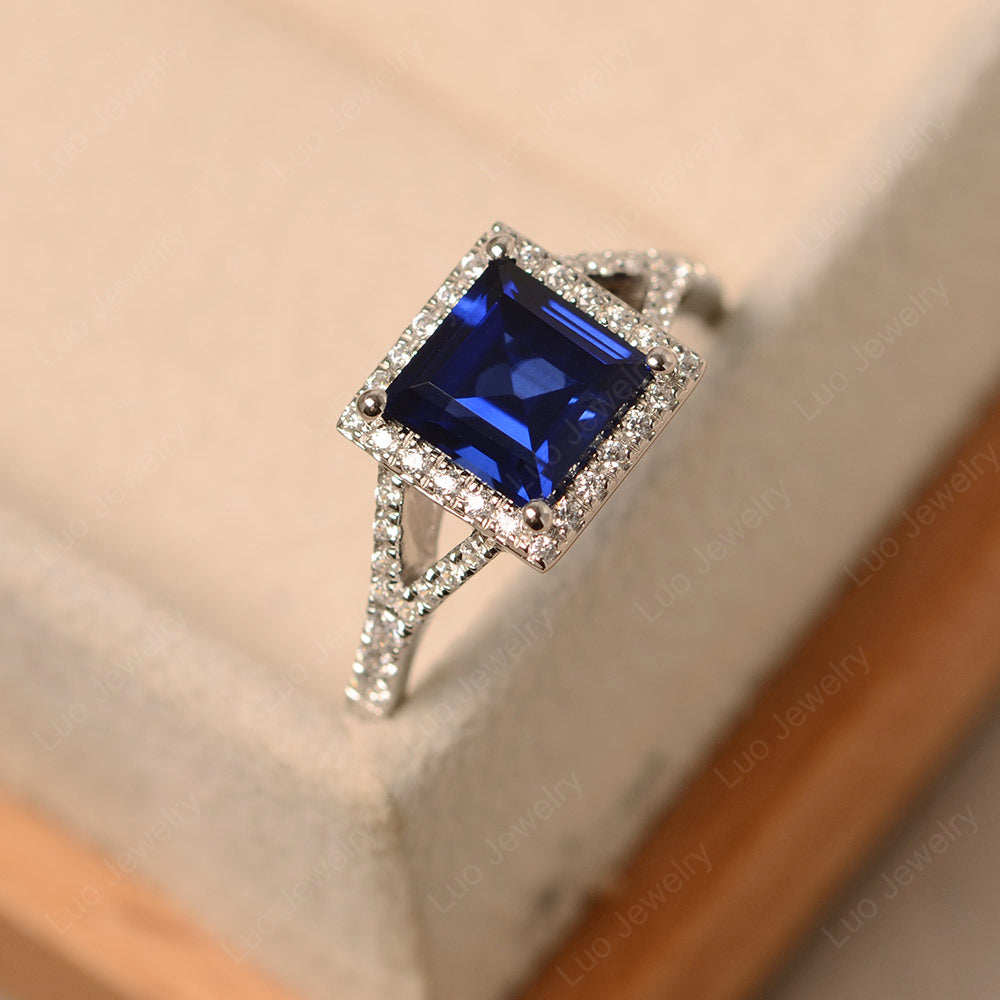 Square Cut Lab Sapphire Ring Split Shank Halo Ring - LUO Jewelry
