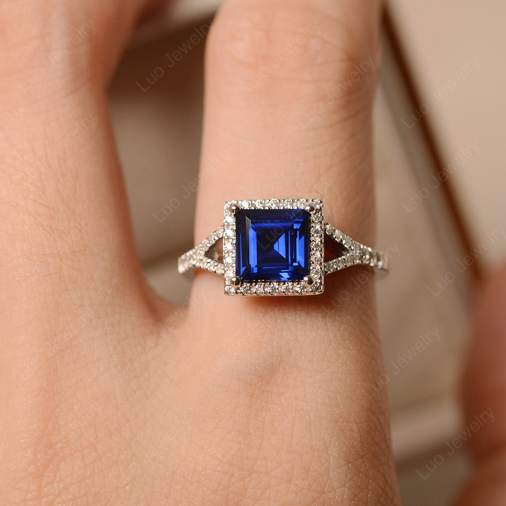 Square Cut Lab Sapphire Ring Split Shank Halo Ring - LUO Jewelry