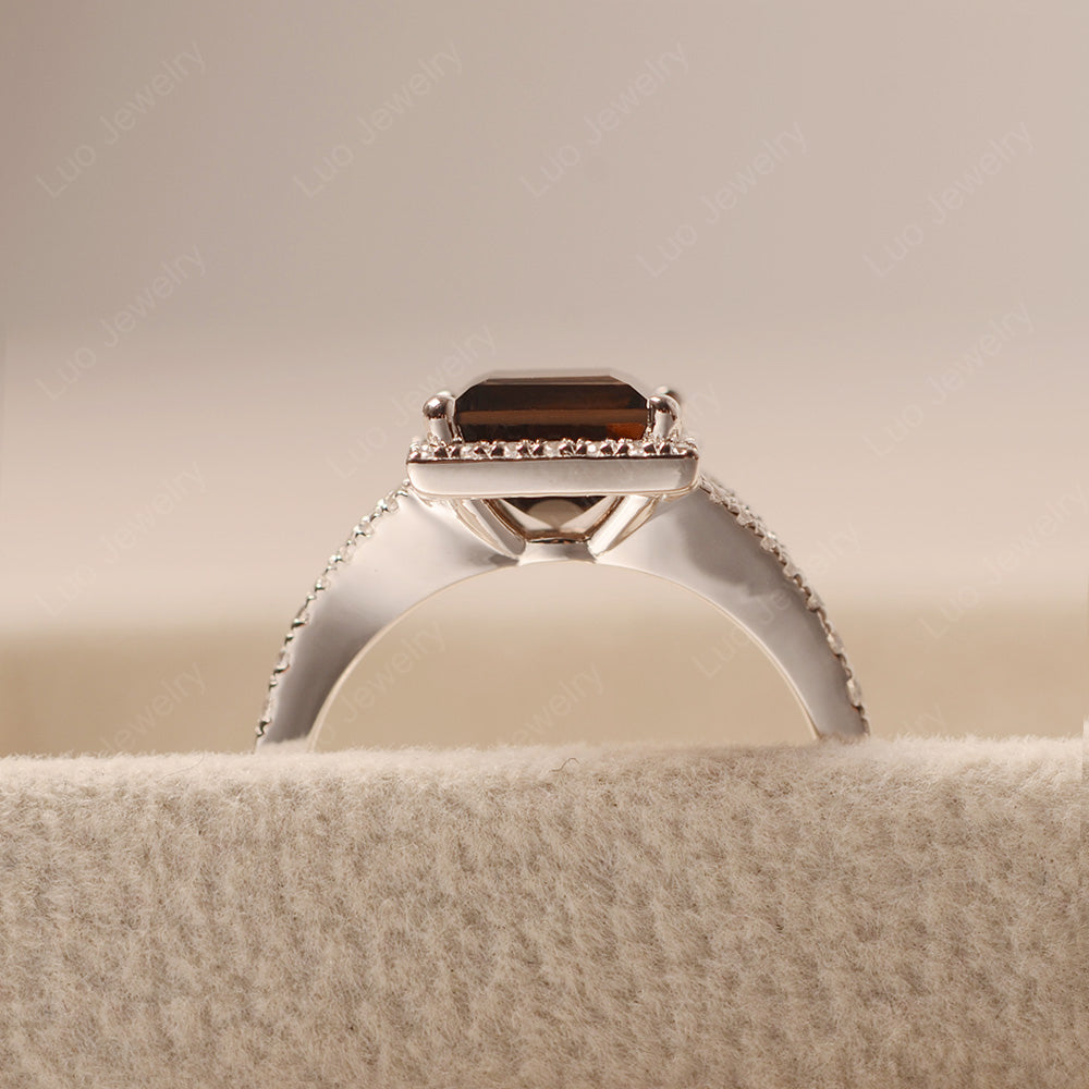 Princess Cut Smoky Quartz  Ring Split Shank Halo Ring - LUO Jewelry