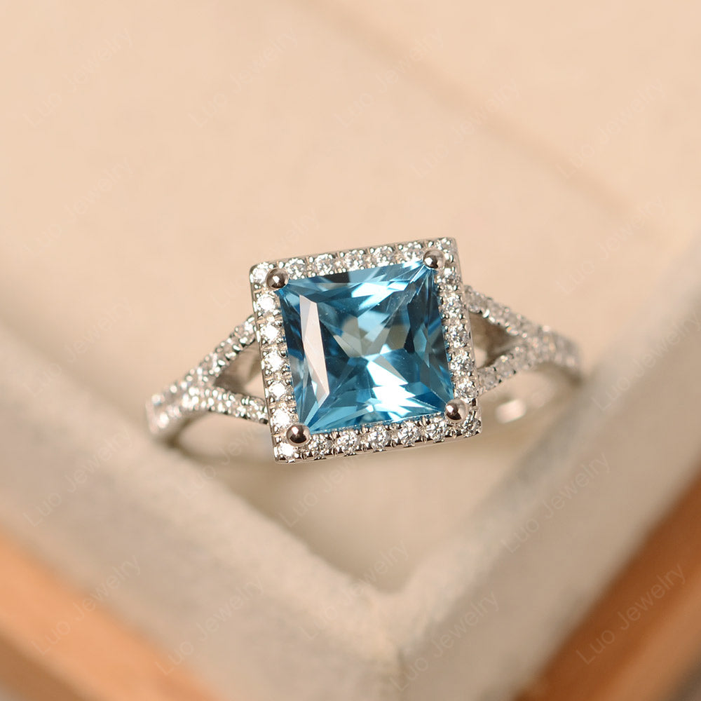 Princess Cut Swiss Blue Topaz Ring Split Shank Halo Ring - LUO Jewelry