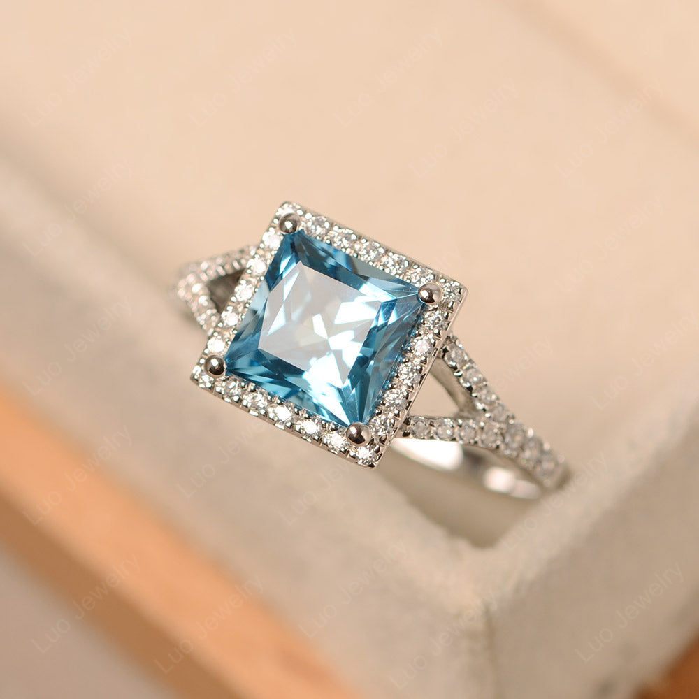 Princess Cut Swiss Blue Topaz Ring Split Shank Halo Ring - LUO Jewelry