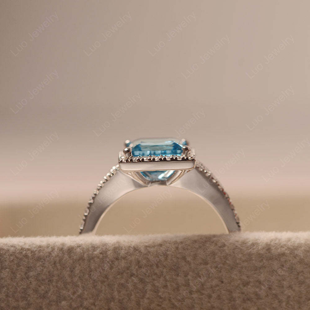 Princess Cut Swiss Blue Topaz Ring Split Shank Halo Ring - LUO Jewelry